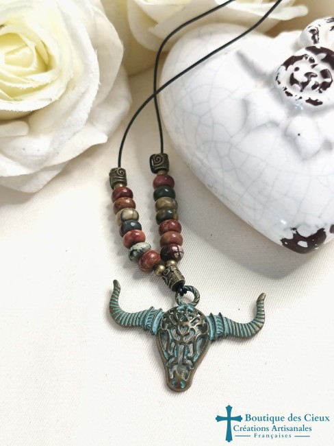 collier pendentif buffle et jaspe picasso