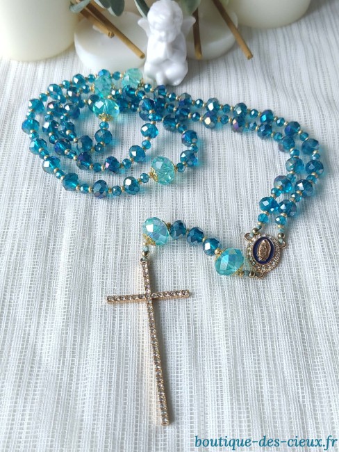 perles bleues irisées chapelet sautoir pour femme