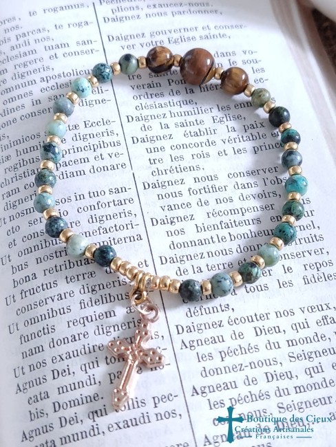 Bracelet artisanal chrétien en turquoise et oeil de tigre