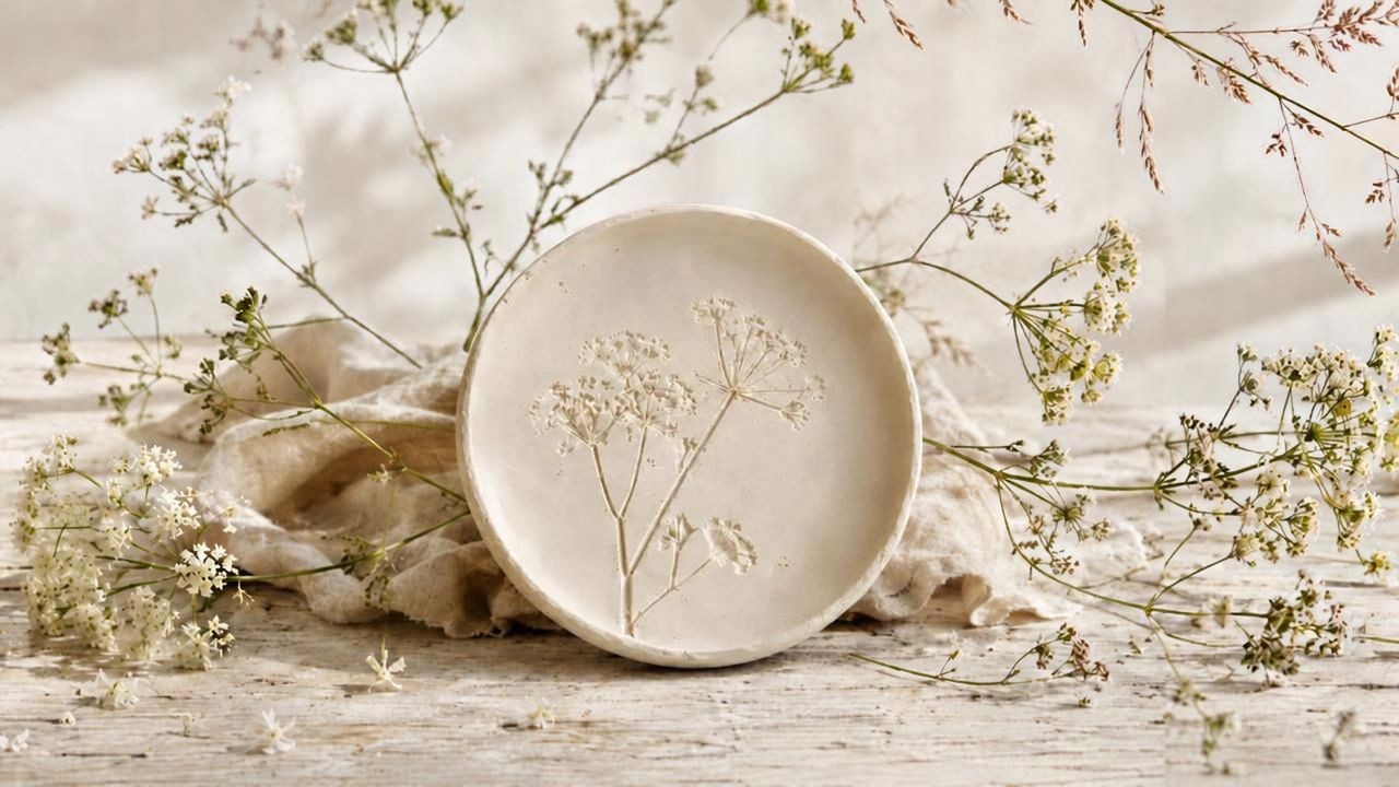 Coupelle en porcelaine blanche avec empreinte végétale, création artisanale Fibule & Cabochon