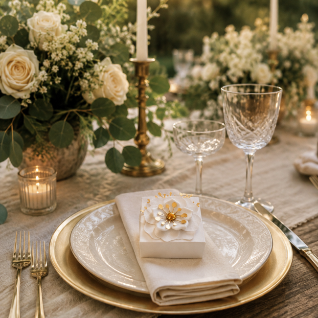 Cadeau invité mariage avec fleur en porcelaine blanche émaillée