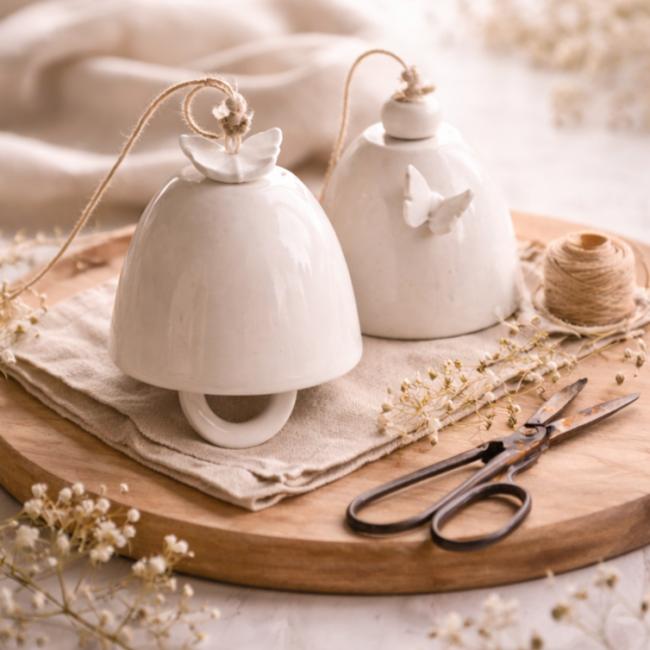 cloch1et2 - Clochettes en céramique décor papillon, suspensions décoratives en porcelaine, cloches faites main jardin 40€ (4)