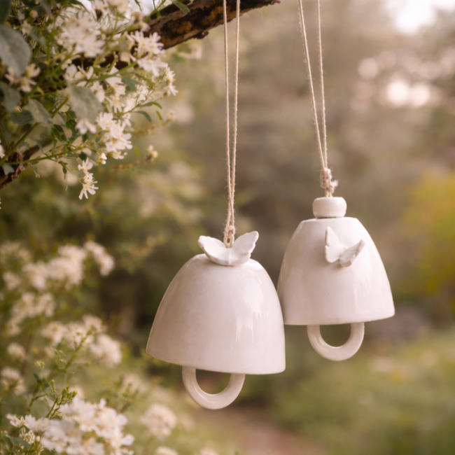 cloch1et2 - Clochettes en céramique décor papillon, suspensions décoratives en porcelaine, cloches faites main jardin 40€ (3)