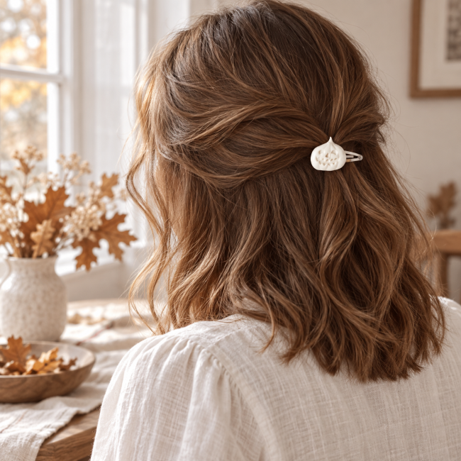 Barrette citrouille Halloween en porcelaine blanche non émaillée portée dans les cheveux