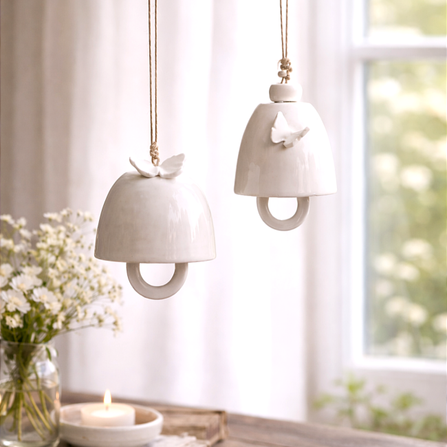 cloch1et2 - Clochettes en céramique décor papillon, suspensions décoratives en porcelaine, cloches faites main jardin 40€ (2)