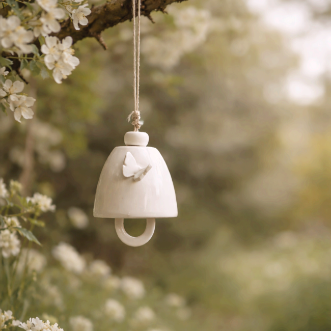 cloch1 - Clochettes en céramique décor papillon, suspensions décoratives en porcelaine, cloches faites main jardin 40€ (3)
