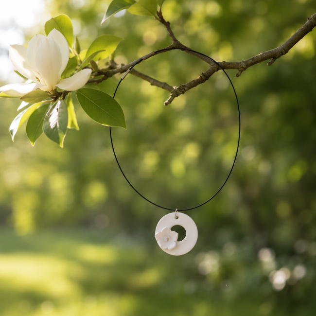 Collier court avec fleur modelée en porcelaine