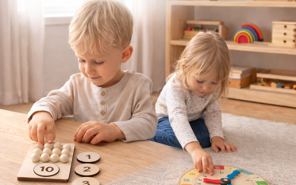 Deux enfants jouent ensemble avec un jeu éducatif Montessori en bois pour apprendre à compter