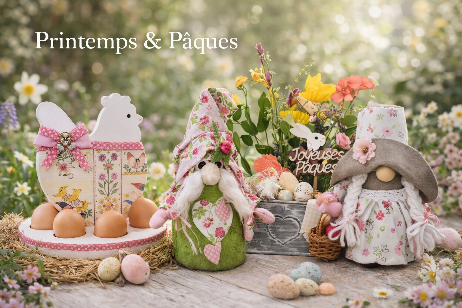 Décorations de printemps et Pâques artisanales avec gnomes fleurs et œufs dans une ambiance naturelle