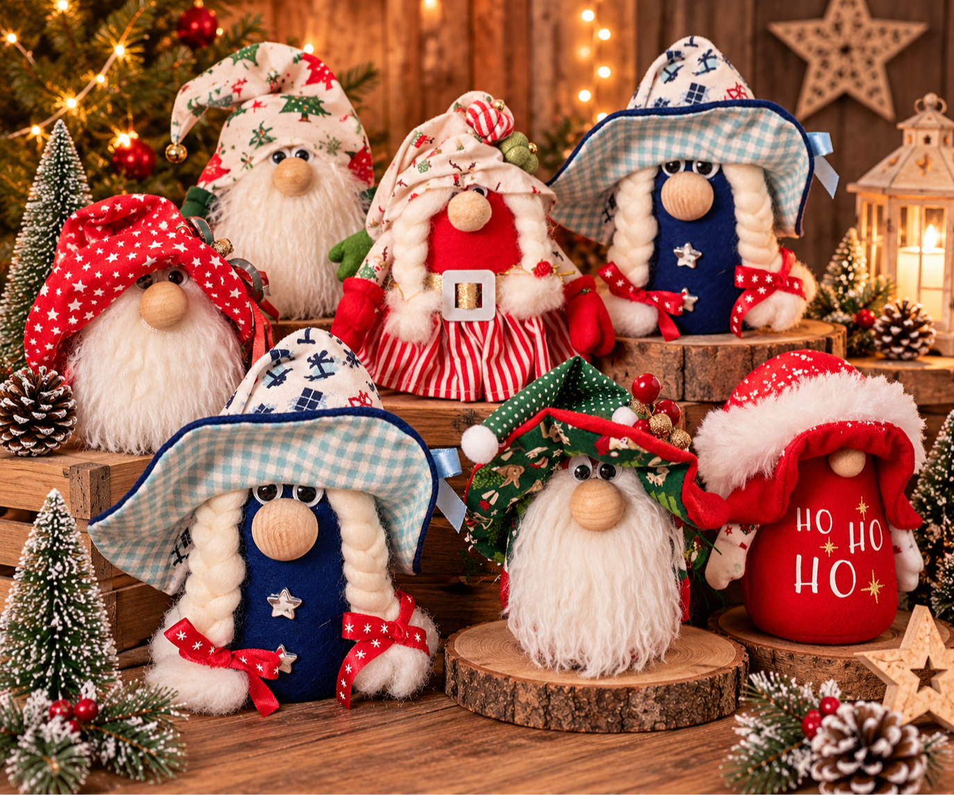 Collection de gnomes et lutins de Noël faits main en tissu, présentés dans un décor de Noël chaleureux et féerique