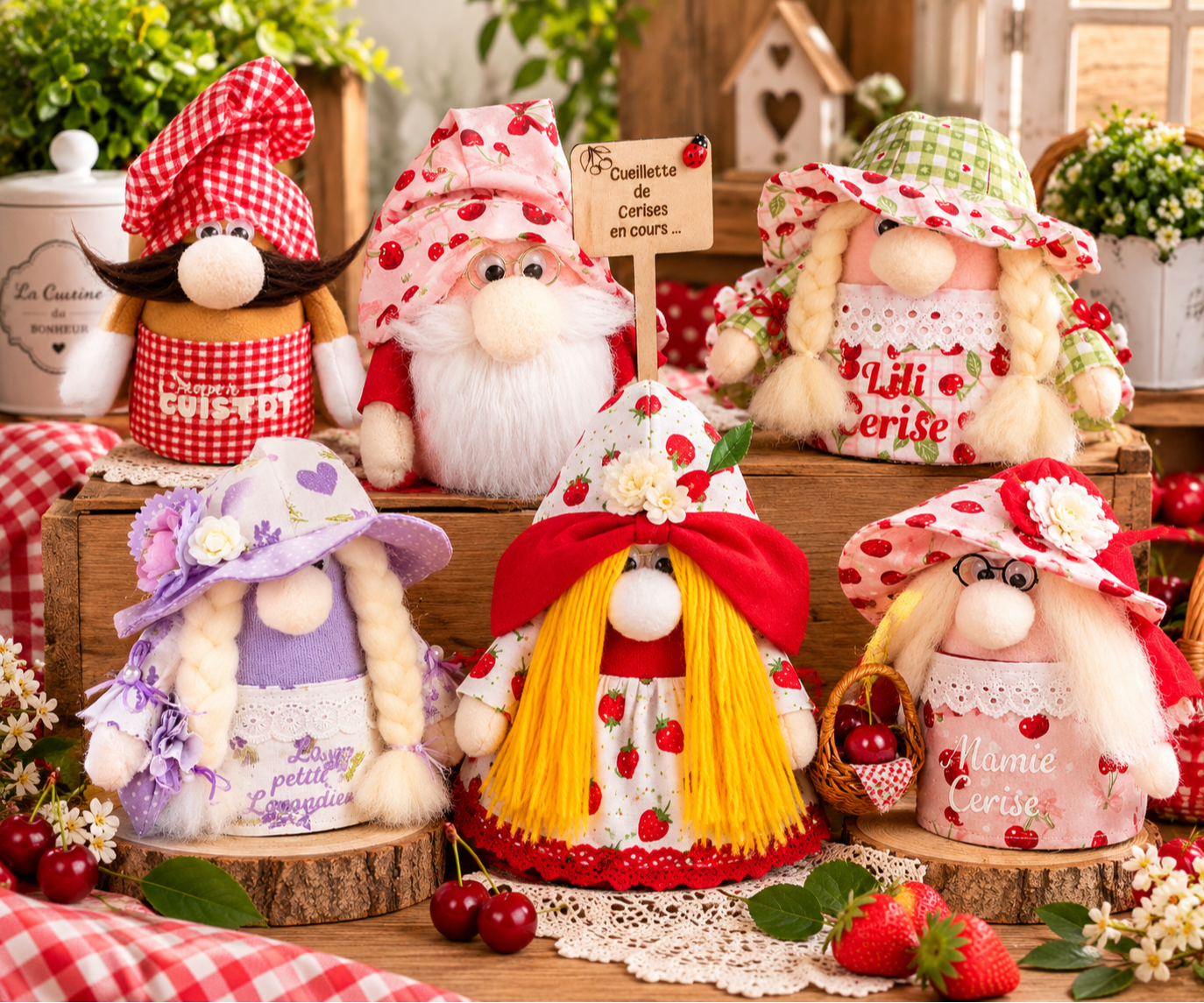 Collection de gnomes et bonhommes décoratifs faits main en tissu, modèles Cerise et Lavande dans un décor champêtre