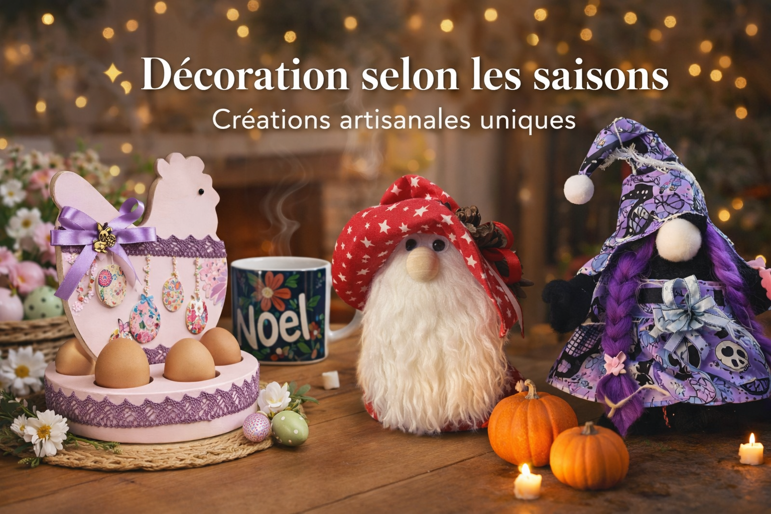 Décorations artisanales pour chaque saison avec objets faits main Pâques Noël Halloween ambiance chaleureuse