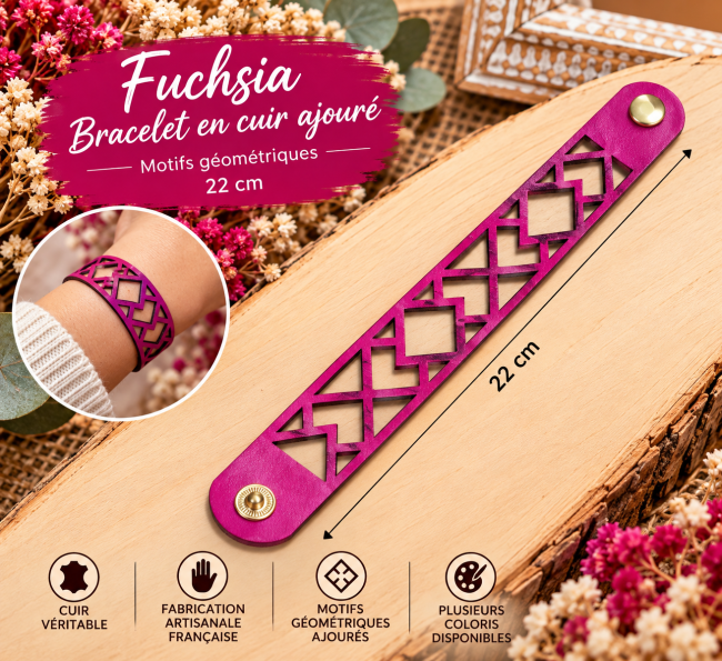 Bracelet en cuir fuchsia 22 cm, motifs géométriques ajourés, bijou coloré fabriqué artisanalement en France