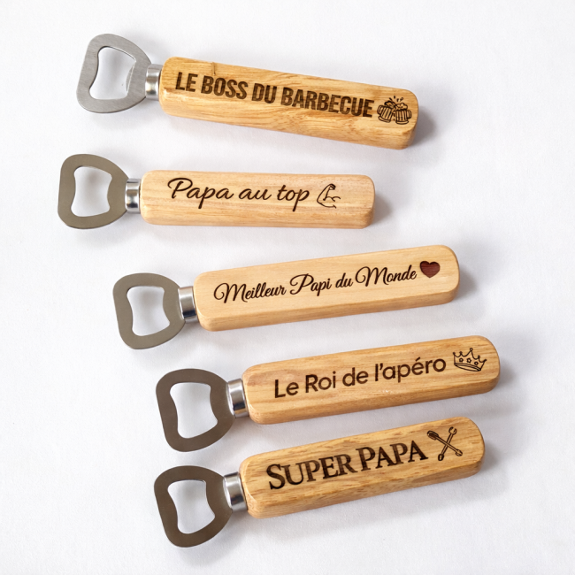 Décapsuleurs en bois personnalisés modèles Papa et Papy gravés au laser