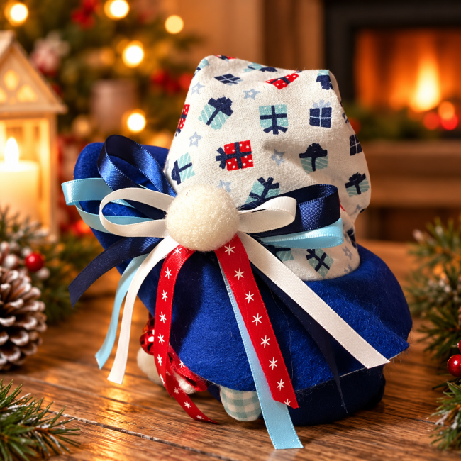 Vue de côté du bonnet de la lutine de Noël artisanale avec tissu imprimé de cadeaux, pompon blanc et rubans bleus, rouges et blancs. Lutine de Noël fait main – Détails des rubans du bonnet
