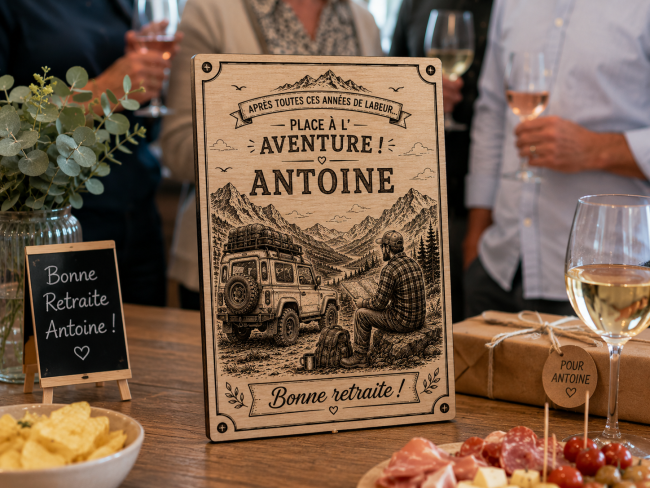 Cadeau retraite aventurier personnalisé Antoine – Affiche bois gravée Panneau retraite aventurier personnalisé en bois avec prénom Antoine
