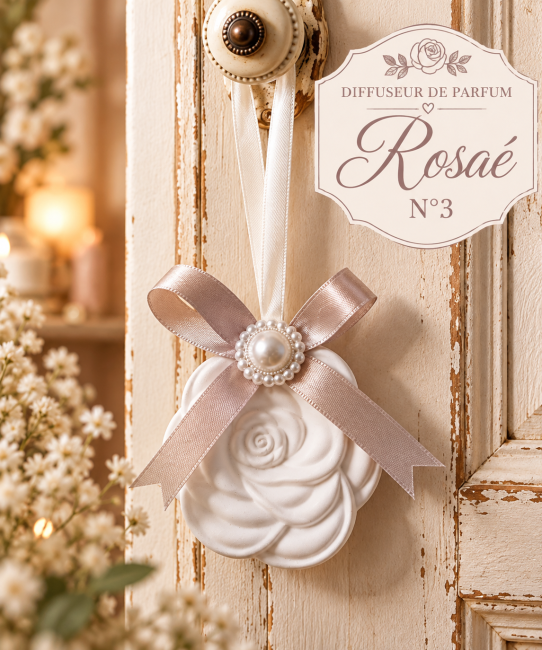 Diffuseur de parfum Rosaé en forme de rose blanche, avec nœud satiné et perle décorative, suspendu à une porte shabby chic. Diffuseur Rosaé – Rose en plâtre à suspendre