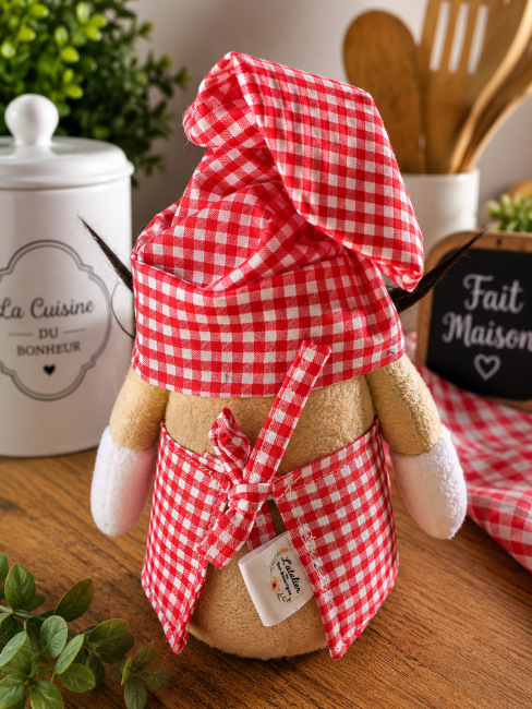 Dos du gnome cuisinier en tissu vichy rouge fabrication artisanale