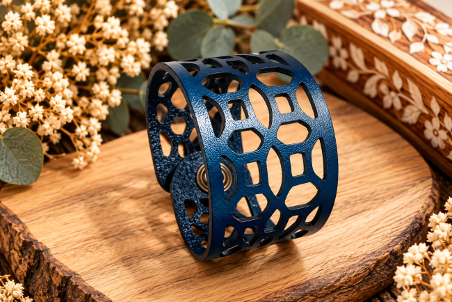 Bracelet manchette homme cuir bleu léopard – Vue fermée Bracelet manchette homme en cuir bleu véritable présenté fermé, motif léopard ajouré et bouton-pression métallique