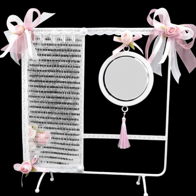 Porte-bijoux girly rose style shabby avec dentelle et fleurs Présentoir à bijoux rose shabby chic avec miroir