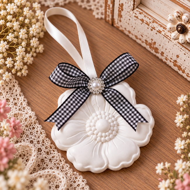 Diffuseur de parfum artisanal en forme de fleur blanche, avec nœud vichy noir et blanc et perle centrale, posé sur du bois. Diffuseur Floréa – Fleur en plâtre avec nœud vichy