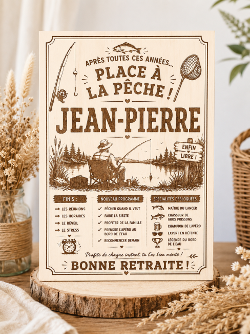 Panneau retraite pêcheur personnalisé Jean-Pierre – Cadeau retraite original Panneau retraite pêche personnalisé en bois pour pêcheur avec prénom Jean-Pierre