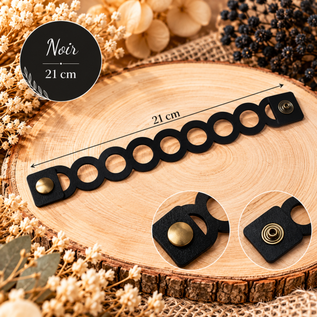 Bracelet femme en cuir noir à anneaux géométriques ajourés, longueur 21 cm, fait main en France
