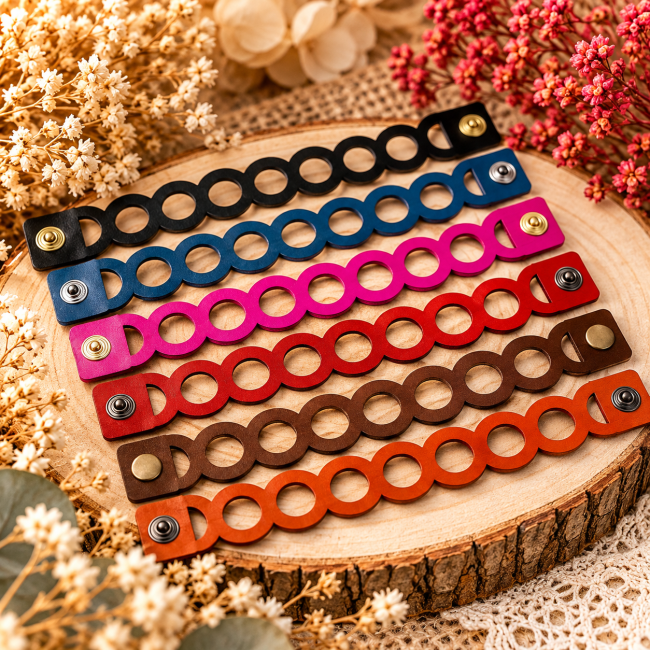 Collection de bracelets femme en cuir ajouré à anneaux, présentés à plat en six couleurs, fabrication artisanale française