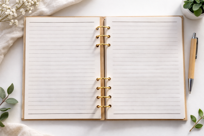 Livre de recettes personnalisé en bois ouvert – pages lignées pour écrire les recettes