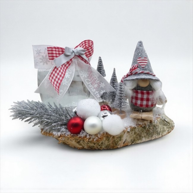 Photophore de Noël avec lutin rouge et gris sur bois