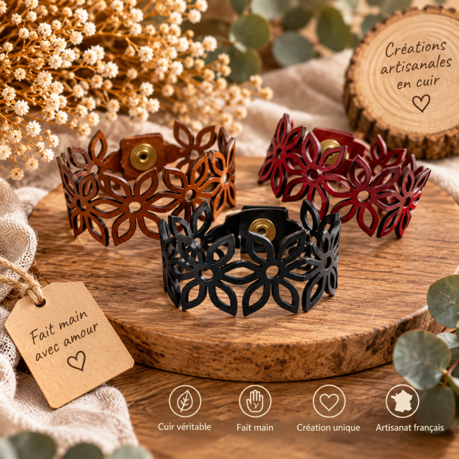 Bracelets manchette fleurs en cuir fait main Bracelets femme en cuir véritable motif fleur portés fermés