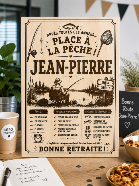Panneau retraite thème pêche personnalisé en bois – AtelierVal-Rousergue Affiche retraite pêcheur en bois gravée et personnalisée avec prénom Jean-Pierre
