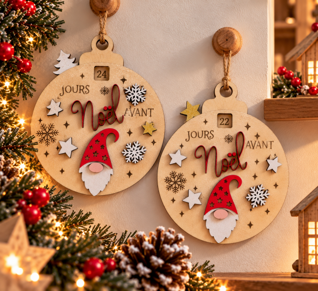 Compte à rebours Noël artisanal – Deux exemplaires disponibles Deux comptes à rebours de Noël en bois avec gnomes rouges présentés parmi des décorations festives