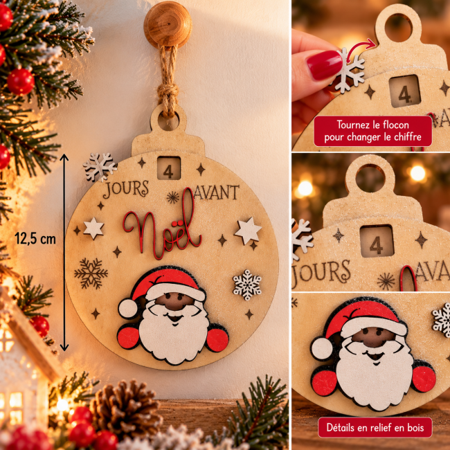 Détails artisanaux Père Noël en relief – Décoration de Noël en bois Gros plan sur le Père Noël en relief rouge et blanc du compte à rebours en bois