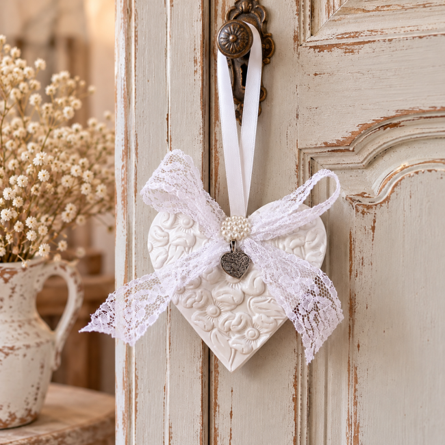 Cœur diffuseur de parfum en plâtre blanc suspendu à la poignée d'une armoire ancienne, avec nœud en dentelle et breloque argentée. Cœur parfumé à suspendre – Décoration shabby chic