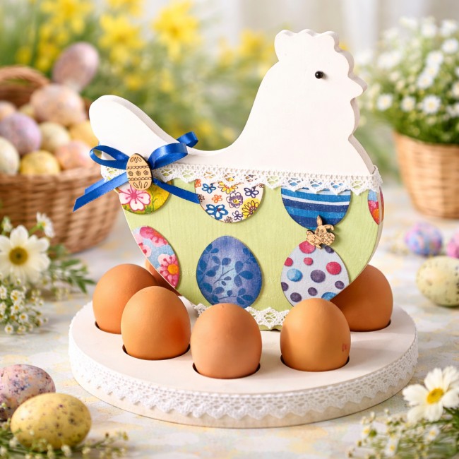 porte œufs en bois forme poule décoration de Pâques fait main