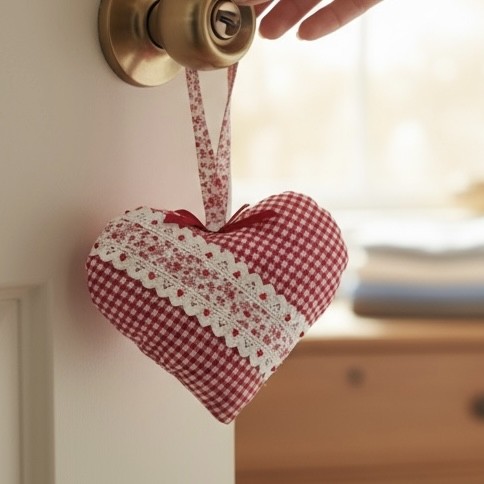 Cœur décoratif rouge et blanc suspendu à une poignée de porte