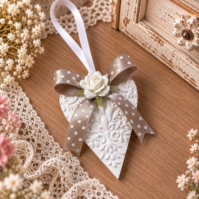 Diffuseur de parfum en plâtre blanc en forme de cœur, avec motifs en relief, ruban taupe à pois blancs et petite rose ivoire. Diffuseur Romance – Cœur en plâtre avec rose ivoire