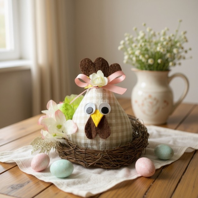 Poule décorative de Pâques en tissu sur une table décorée
