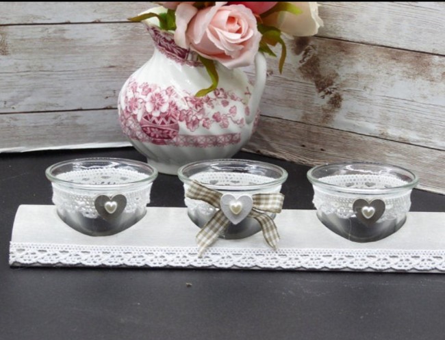 Centre de table bougeoir taupe et dentelle – L’Atelier du Val-Rousergue