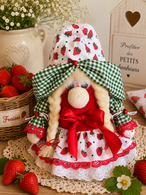 Poupée Fraise artisanale faite main décoration intérieure Poupée fraise artisanale réalisée à la main avec robe imprimée fraises, nattes blondes et grand ruban rouge décoratif.