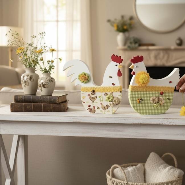 Ensemble Poule et Coq – Décoration de Pâques artisanale Ensemble de décorations de Pâques – Poule et Coq en bois peints à la main