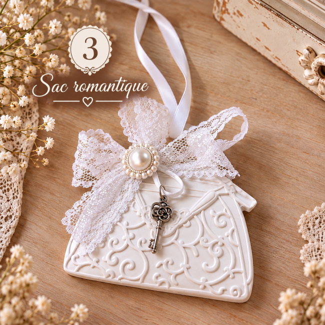 Sac romantique n° 3 – Diffuseur de parfum en plâtre shabby chic Diffuseur de parfum sac romantique n° 3 en plâtre blanc avec motifs en relief, dentelle, perle et breloque clé