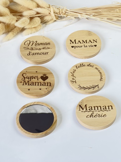 miroir rond en bambou gravé pour maman super maman maman d’amour maman chérie