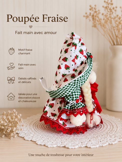 poupee-fraise-artisanale-vue-profil Vue latérale d'une poupée fraise artisanale avec chapeau à motif fraises, manches vichy vert et finitions en dentelle rouge
