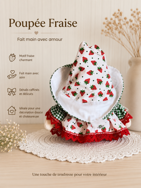 poupee-fraise-artisanale-vue-dos Vue arrière de la poupée fraise faite main montrant le chapeau imprimé fraises et les détails de couture artisanale.