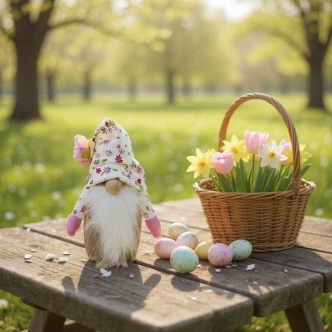 gnome décoratif de Pâques avec panier et œufs dans un jardin