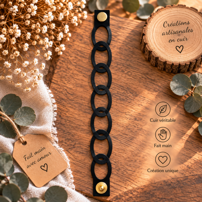 Bracelet artisanal femme en cuir noir Bracelet manchette cuir noir femme maillons ovales fait main