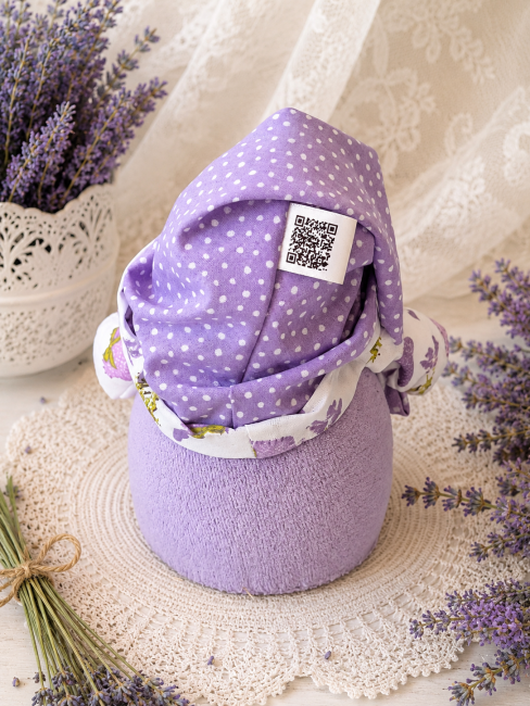 lutin-lavande-gnome-dos Dos du lutin lavande artisanal avec bonnet violet à pois et tissu provençal