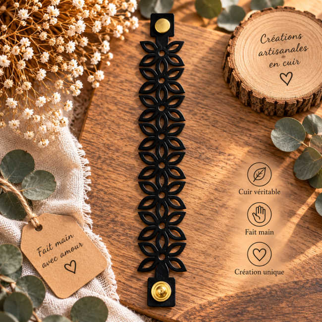 Bracelet floral femme en cuir noir Bracelet manchette cuir noir femme fleurs ajourées fait main